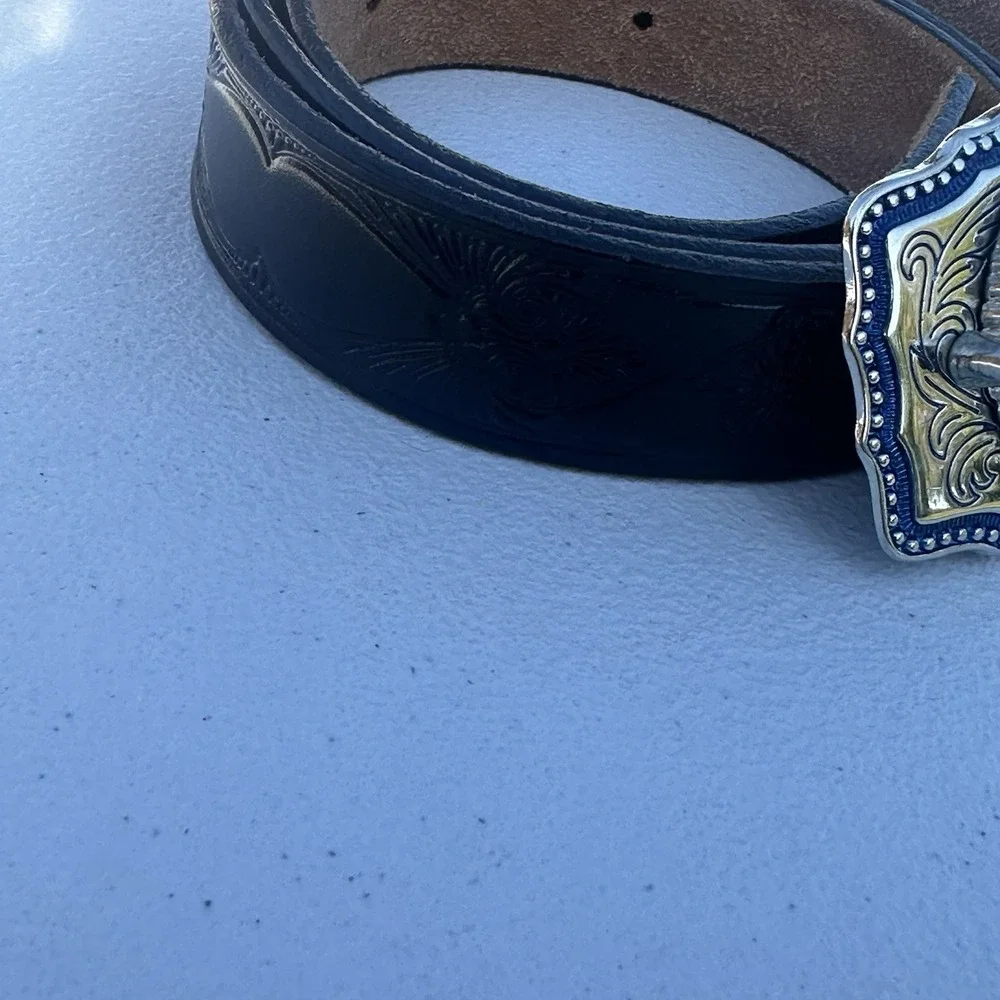 VTG Square Dancing Belt Buckle And Leather Black Belt Silver toned‎ And Blue USA